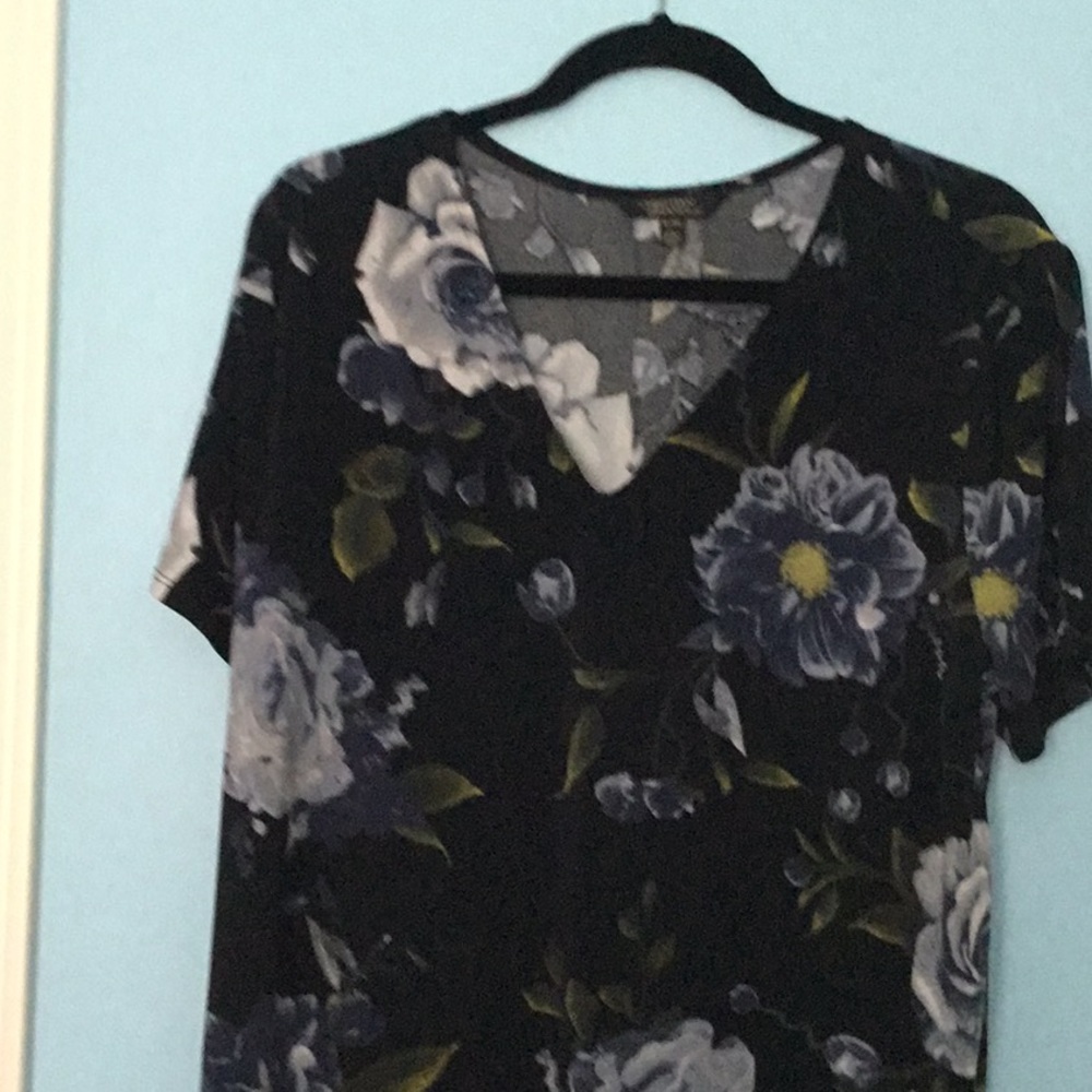 Black with blue roses shirt dress could be used as long tunic - 37”